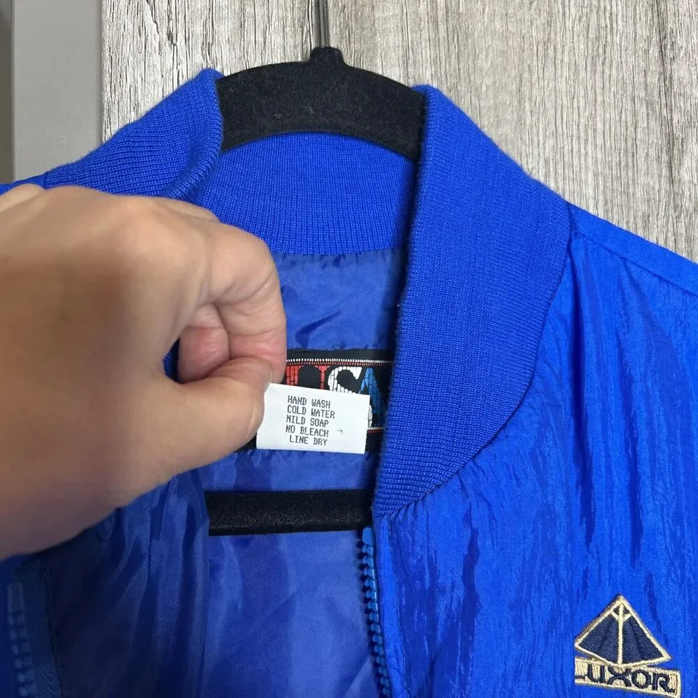 Vintage Luxor Las Vegas Blue Bomber Jacket Gold Embroidered Logo Size M